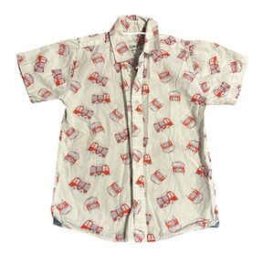 Kids Short-Sleeve Button-Up Shirt with Red Fire Truck Print
